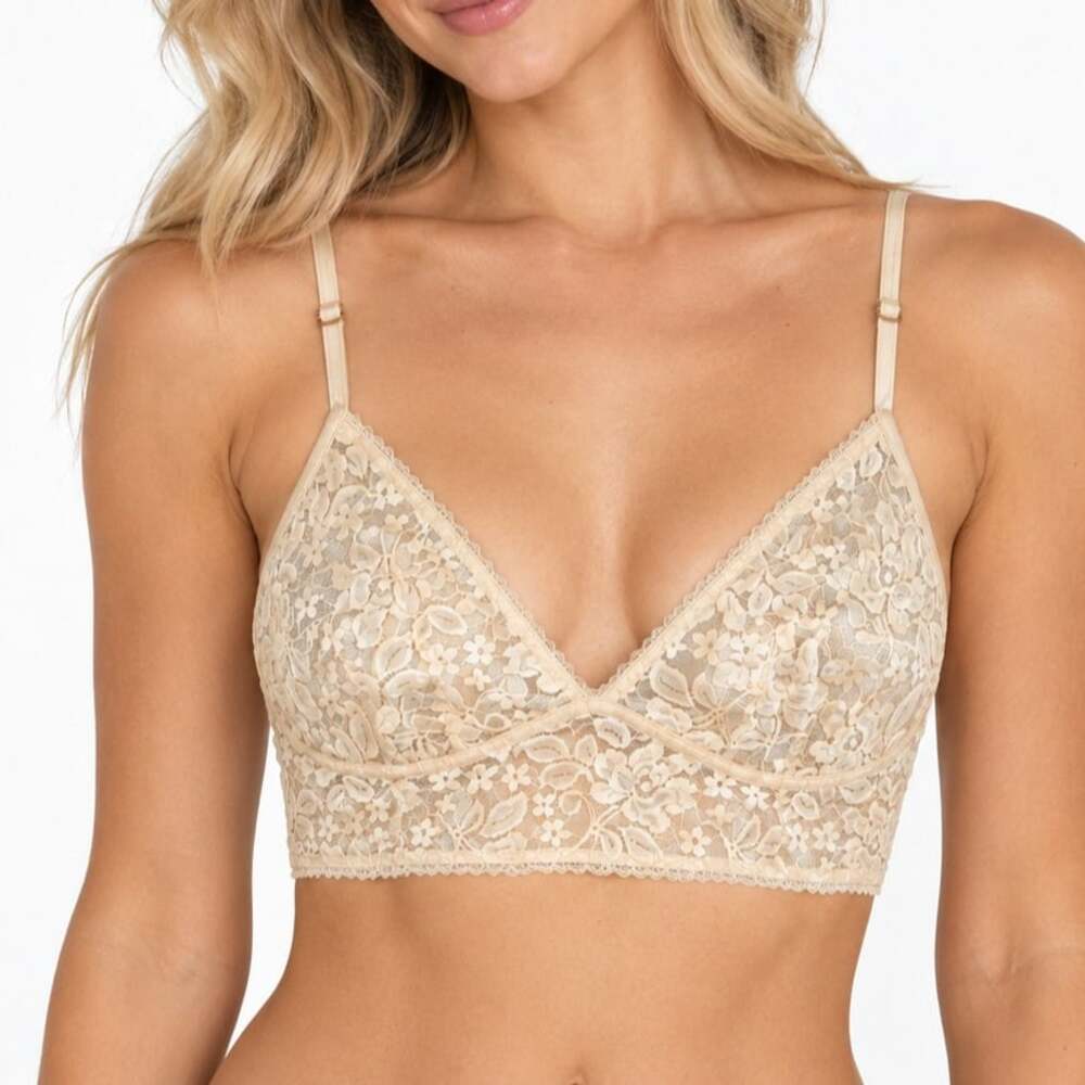 INC Unlined Beige Floral Lace Triangle Bralette Sheer Cream Longline Bra
